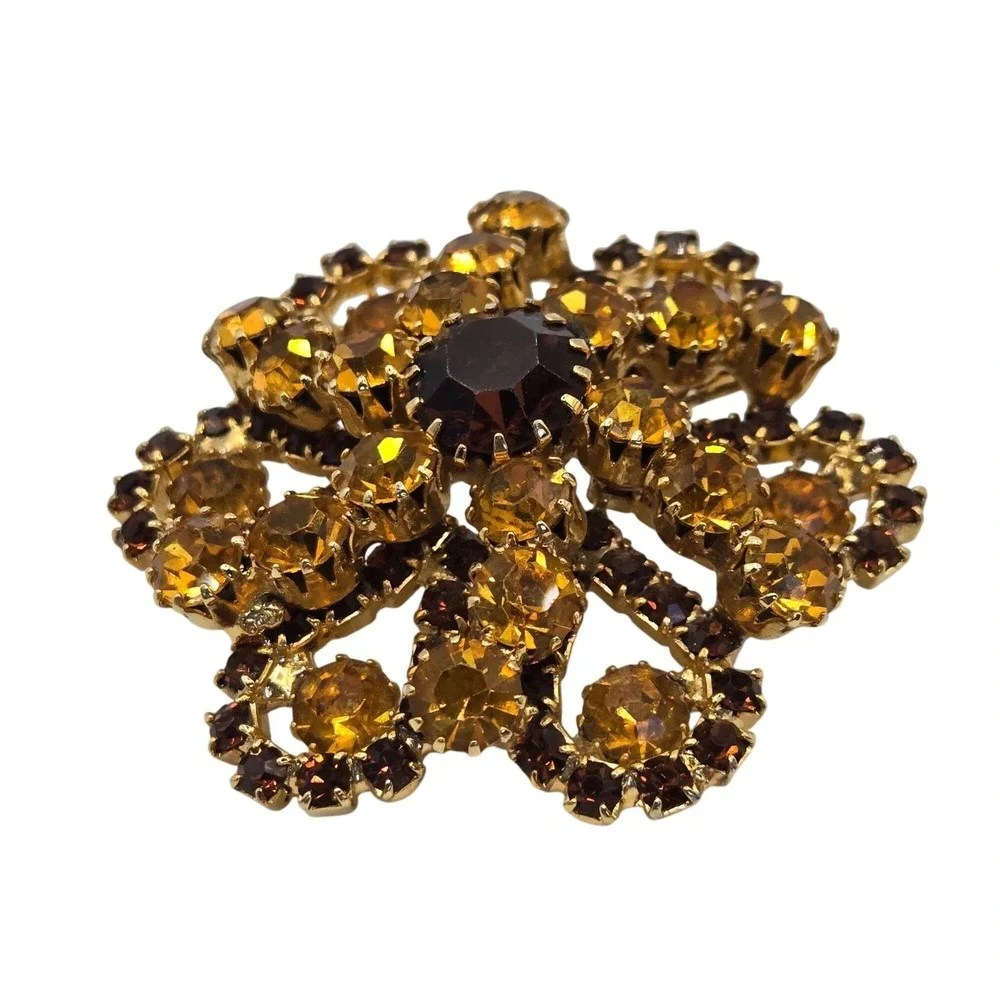 VTG Brooch Tiered Boho Cluster Root Beer Rhinestone Floral‎ Autumn Fairycore Pin